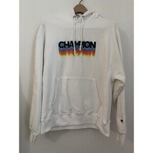 Champion Hoodie Men Large Reverse Weave Sweatshirt Excellent L White Spell Out